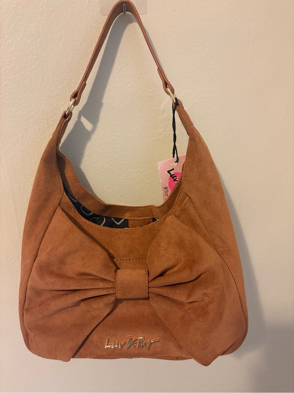 NWT Luv Betsey by Betsey Johnson LBBENTLY Tan Faux Suede Bow Hobo Shoulder Bag